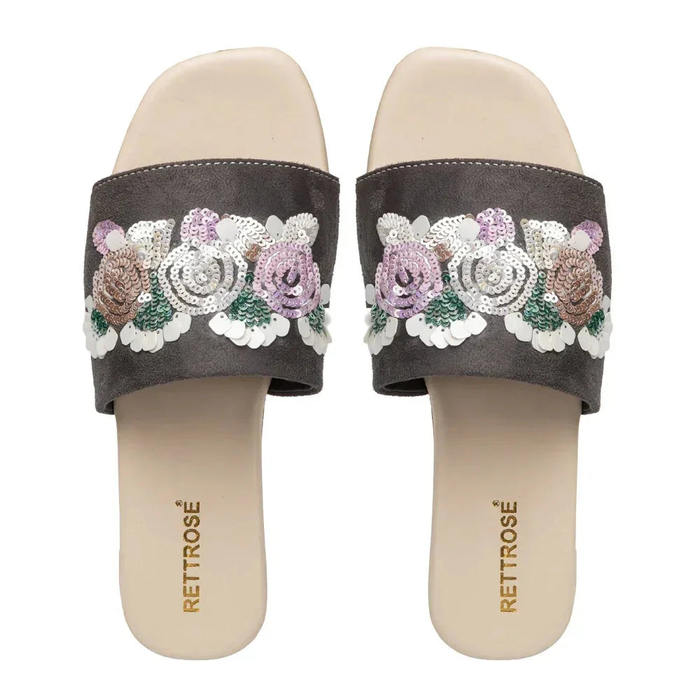 The Fleur Dusk Floral Grey Embellished Flats Rettrose