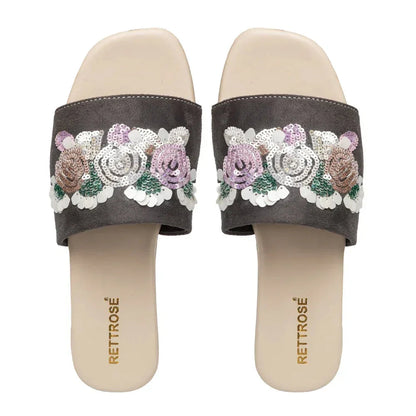 The Fleur Dusk Floral Grey Embellished Flats Rettrose
