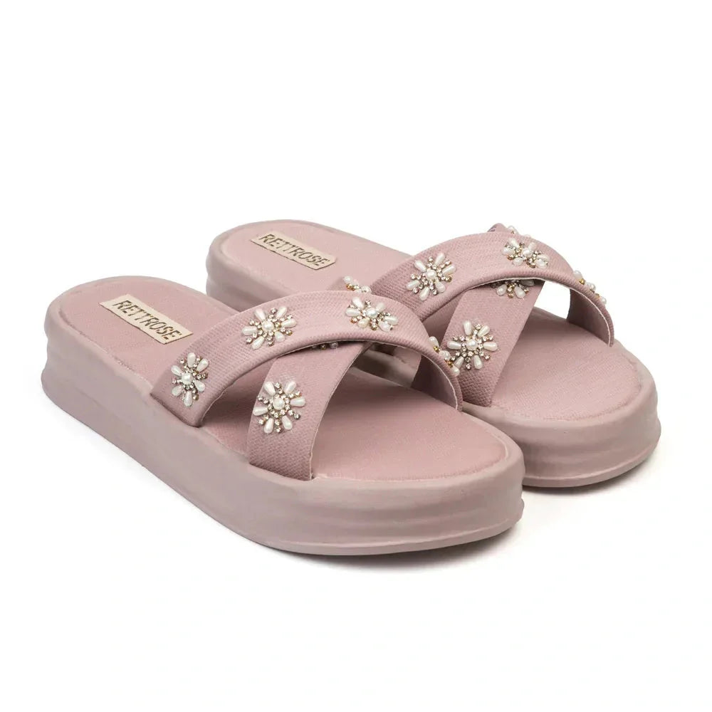 The Safira Pink Luxury Cross Over Embellished Slides Rettrose