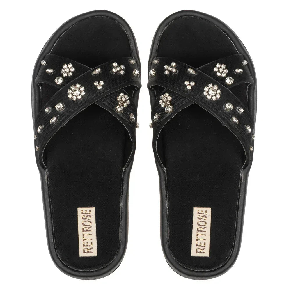 The Giana Black Luxury Cross Over Embellished Slides Rettrose