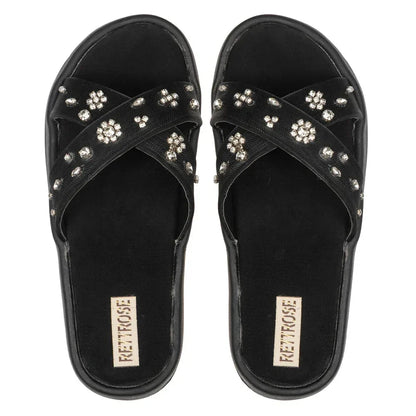 The Giana Black Luxury Cross Over Embellished Slides Rettrose