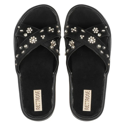 The Giana Black Luxury Cross Over Embellished Slides Rettrose