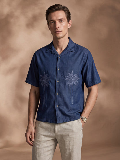 Boxy Fit Denim Navy Blue Casual Shirt for Men (DRAWT)