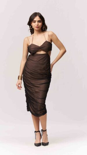 Ruched Nude & Black Knee Length Bodycon