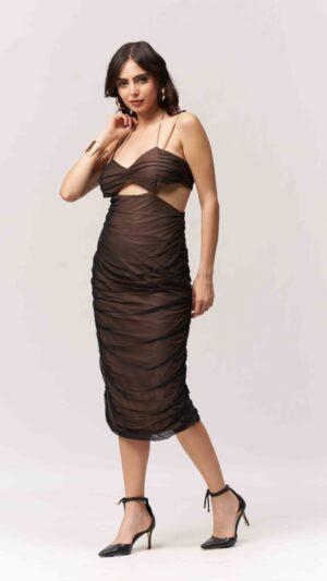 Ruched Nude & Black Knee Length Bodycon