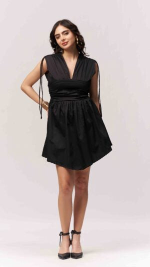 Cotton Plunge Neck Flared Mini