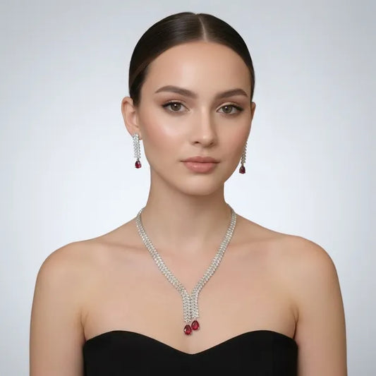 Silver And Ruby Red Stone Cascading Necklace And Earrings Set For Women