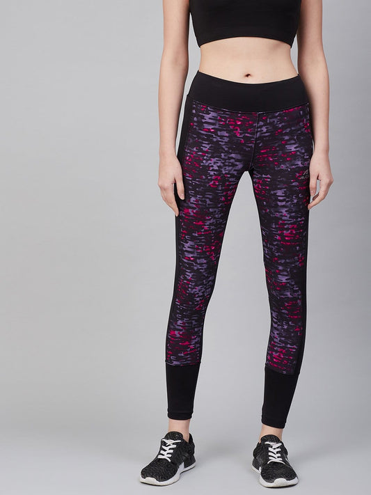Alcis Women Black  Purple Printed Training Tights