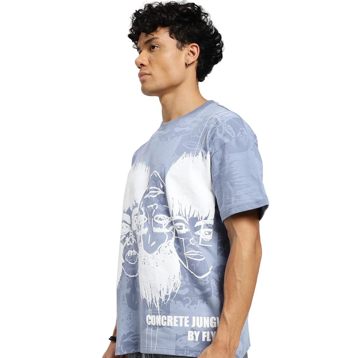 Static Jungle Round Neck Printed Blue T-Shirt FLYAF