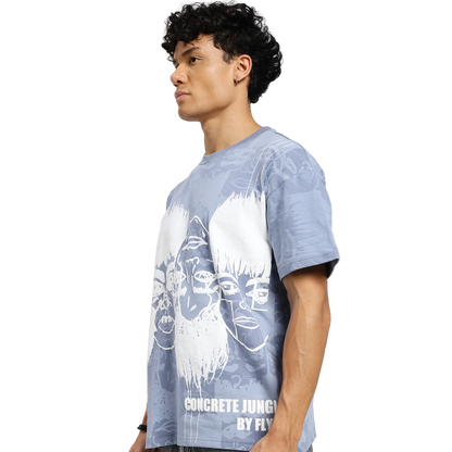 Static Jungle Round Neck Printed Blue T-Shirt FLYAF