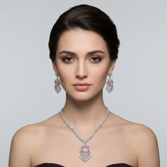 Silver And Pink Stone Studded Necklace And Earrings Set For Women
