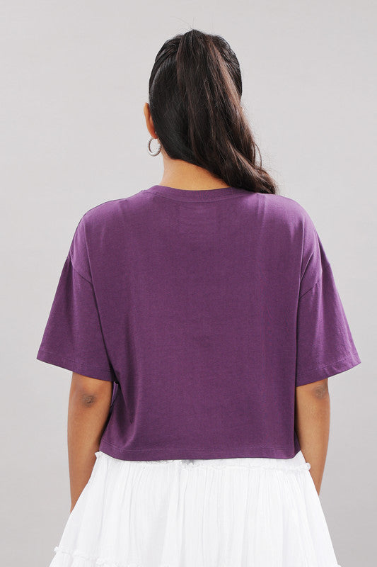 Funny Tales Print Extended Sleeves Cotton Purple Boxy Top