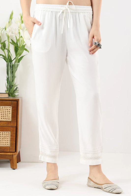 White Viscose Twill Palazzo with Regular Fit