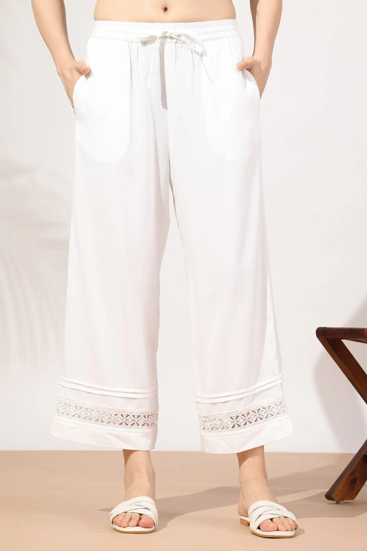 White Viscose Twill Solid Palazzo with Regular Fit
