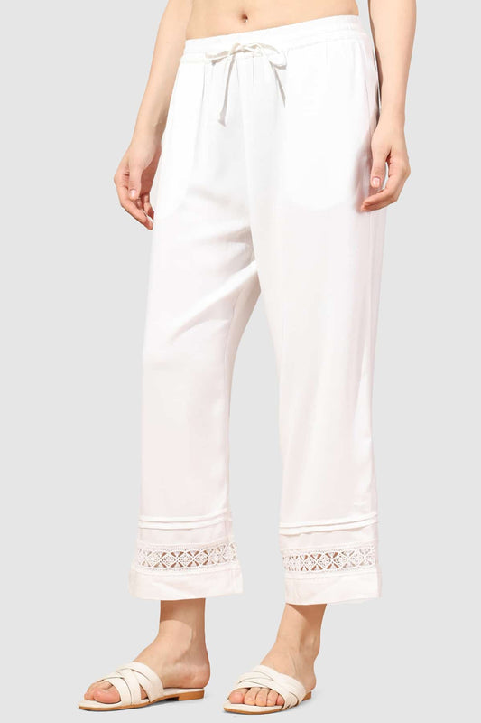 White Viscose Twill Solid Palazzo with Regular Fit