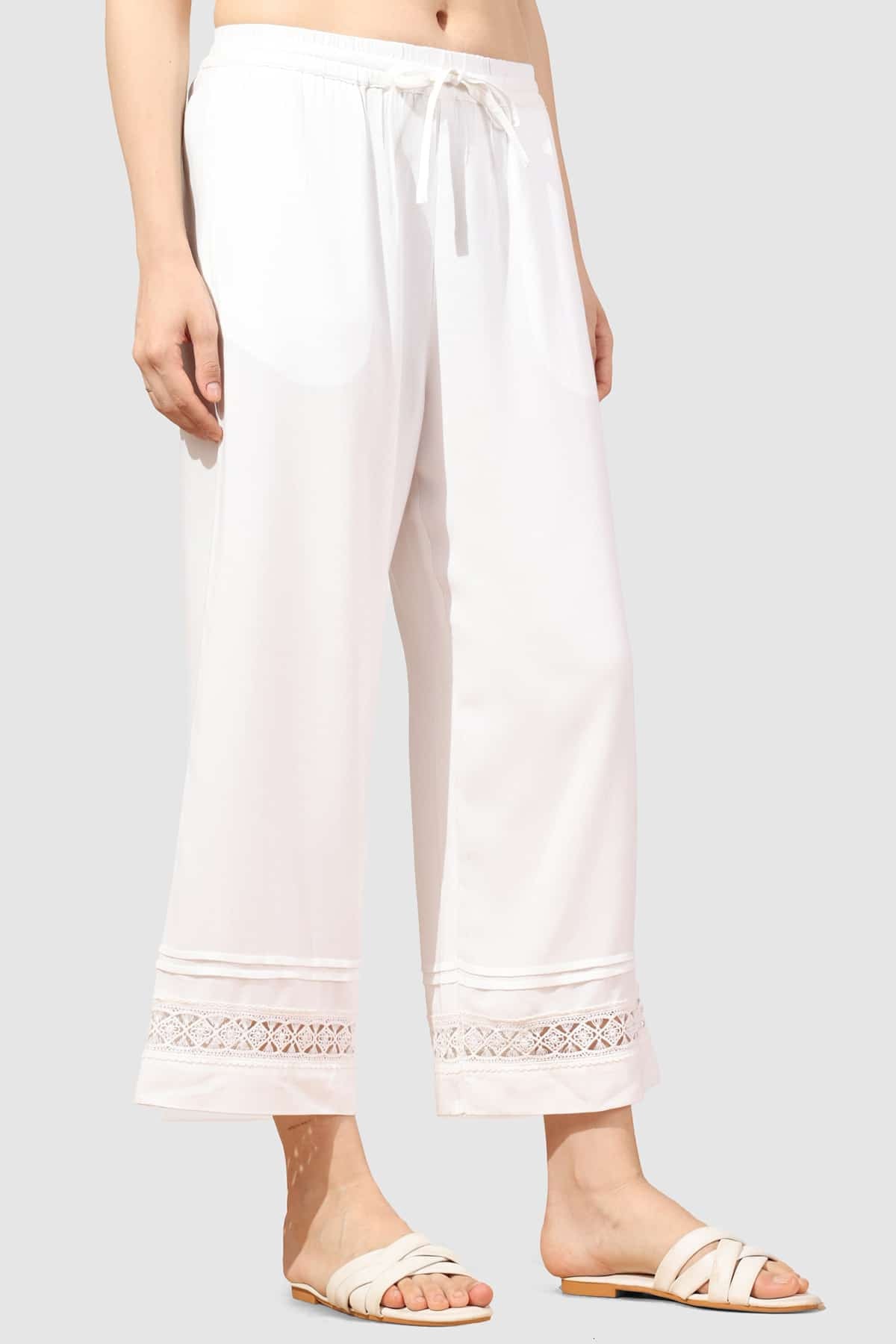 White Viscose Twill Solid Palazzo with Regular Fit