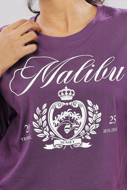 Funny Tales Print Extended Sleeves Cotton Purple Boxy Top
