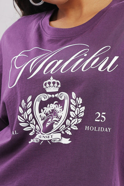 Funny Tales Print Extended Sleeves Cotton Purple Boxy Top