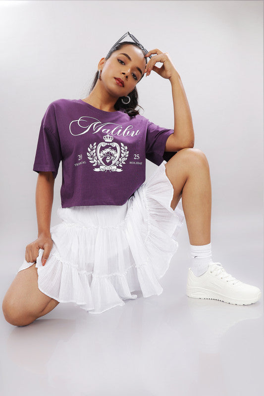 Funny Tales Print Extended Sleeves Cotton Purple Boxy Top