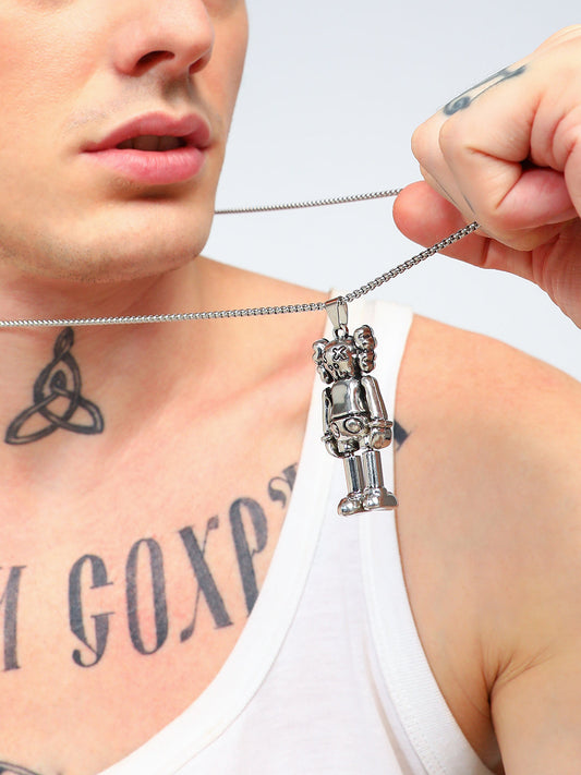 Men's Love Robot Pendant Necklace - Silver