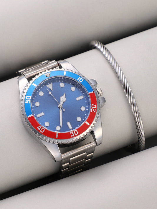 The Ribbed Round Watch With Cuff Bracelet Combo