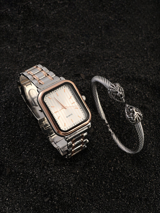 The Noir Rectangular Watch With Cuff Bracelet Combo