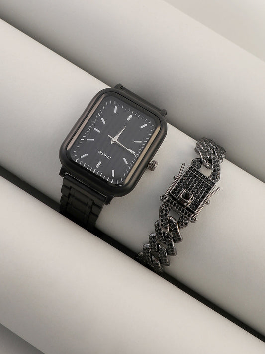 The Noir Rectangular Watch With Chain Bracelet Combo
