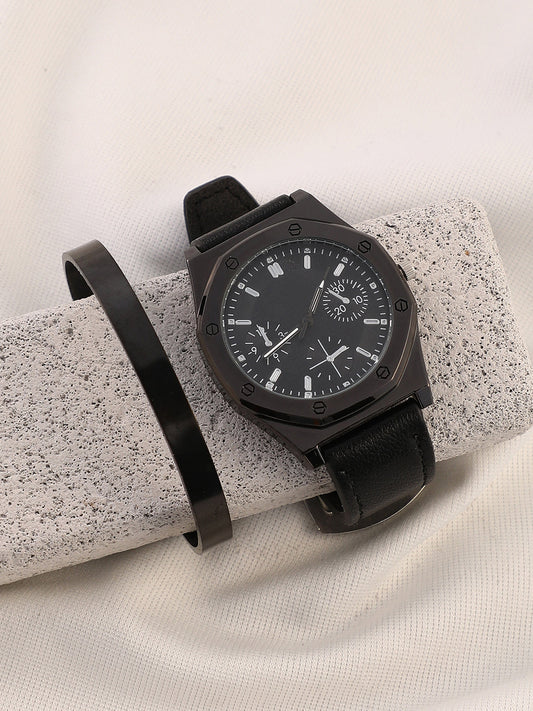 The Drifter's Compass Round Watch With Cuff Bracelet Combo