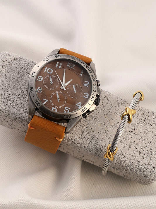 The Peregron Round Watch With Cuff Bracelet Combo