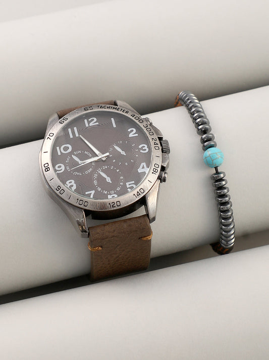 The Peregron Round Watch With Beaded Bracelet Combo