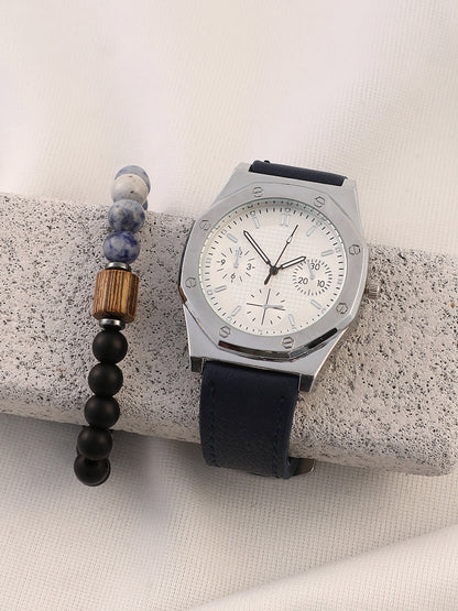 The Torque Compass Round Watch With Beaded Bracelet Combo