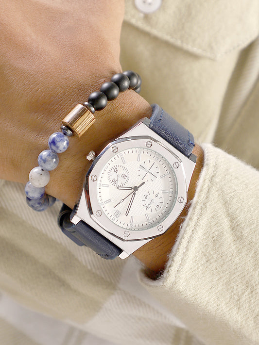 The Torque Compass Round Watch With Beaded Bracelet Combo