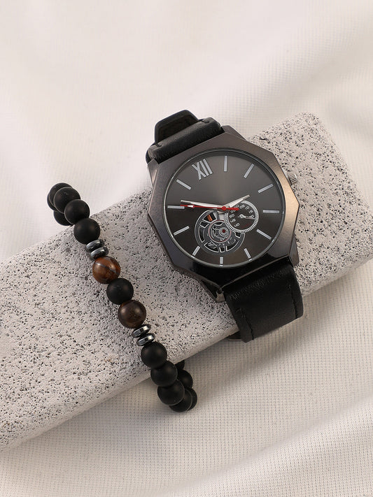 The Formula Leather Round Watch With Beaded Bracelet Combo