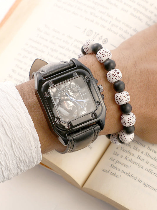 The Nocturne Square Watch With Beaded Bracelet Combo