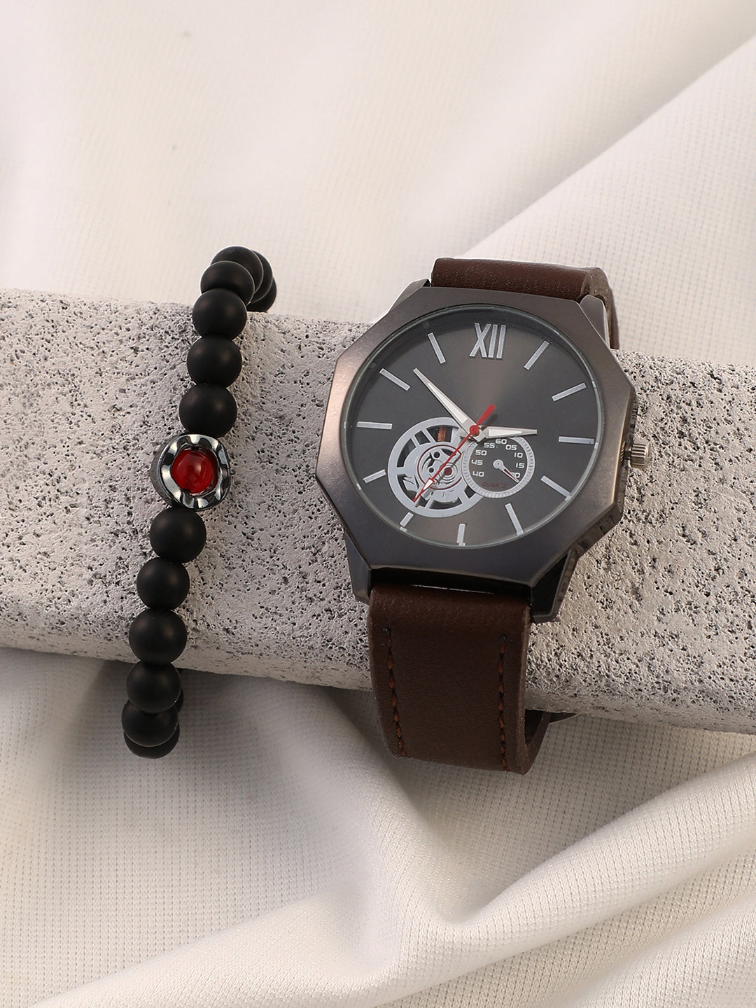 The Formula Leather Round Watch With Beaded Bracelet Combo