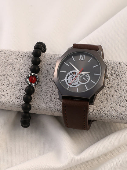 The Formula Leather Round Watch With Beaded Bracelet Combo