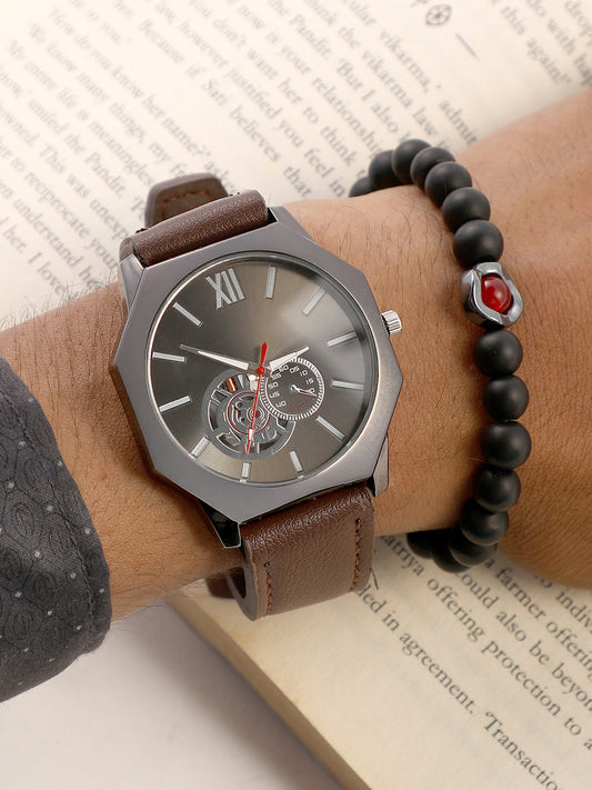 The Formula Leather Round Watch With Beaded Bracelet Combo