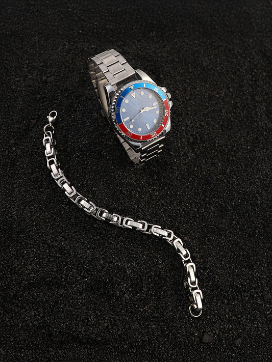 The Ribbed Round Watch With Chain Bracelet Combo