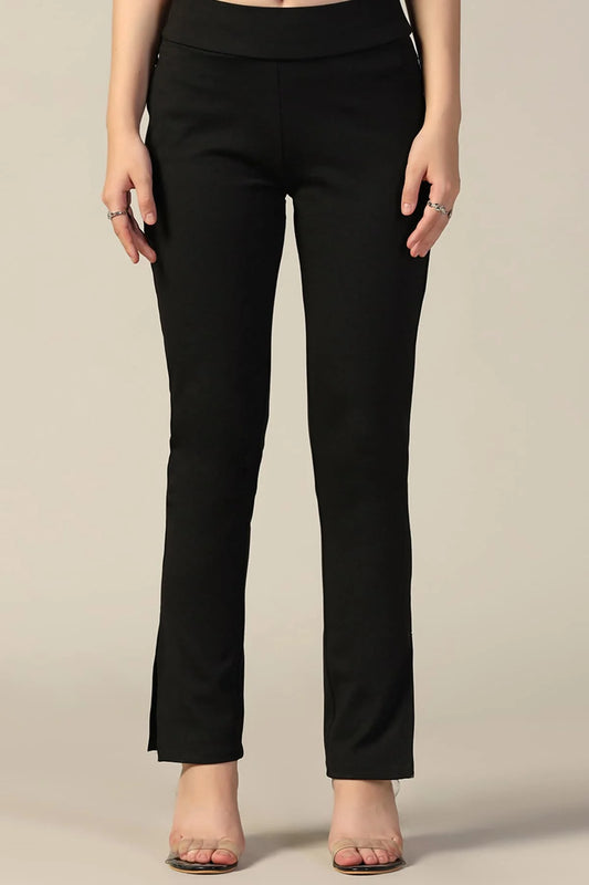Black Solid Side Slit Pants