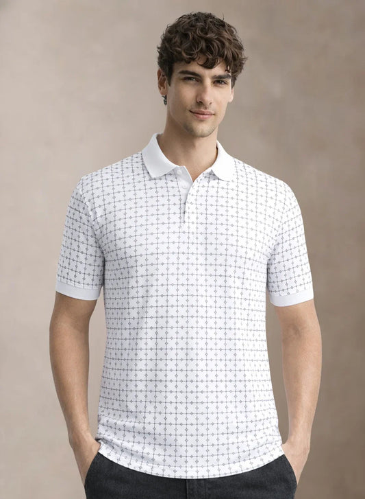 Adro Polo T-Shirt for Men | Allover Printed Polo T Shirt | Cotton Polo Tshirt Milk White