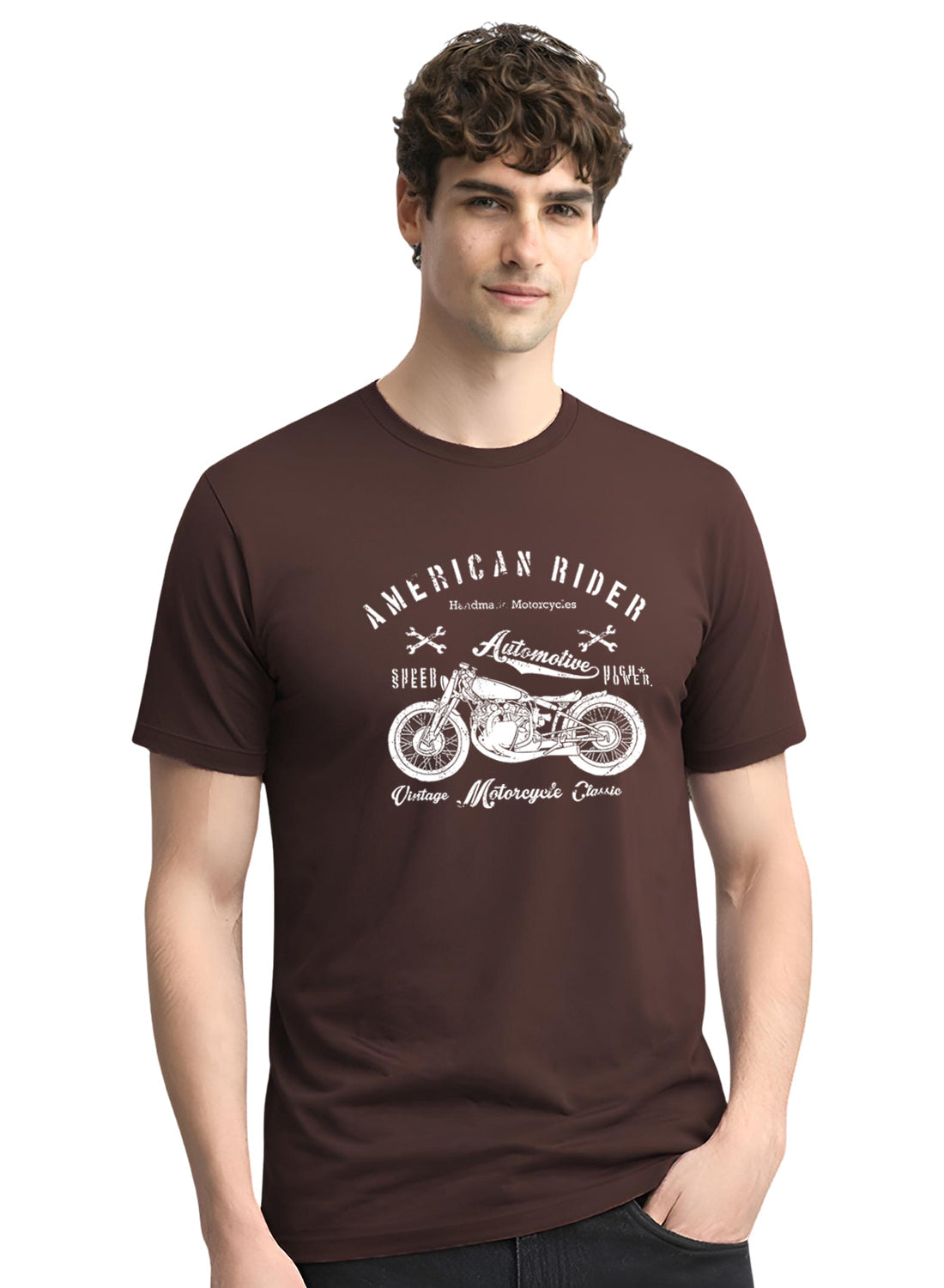 Adro Mens American Rider Printed T-Shirt | 100% Cotton T shirt for Bikers | Stylish Casual Tee Summer Regular Fit Biker Tshirt Brown