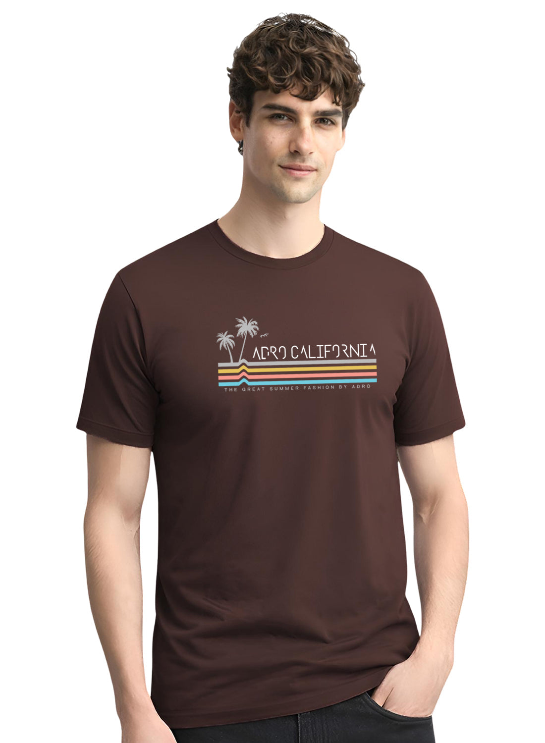 Adro Mens California Graphic T-Shirt | Retro Stripe Print Cotton Summer Tshirt | Stylish Beach T shirt | Comfortable Graphic Tee Brown