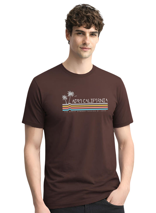 Adro Mens California Graphic T-Shirt | Retro Stripe Print Cotton Summer Tshirt | Stylish Beach T shirt | Comfortable Graphic Tee Brown