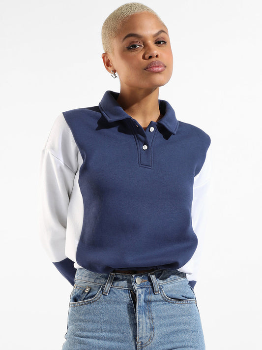 Cotton Indigo Blue Colour-Blocked Regular Fit Sweatshirt For Casual Wear