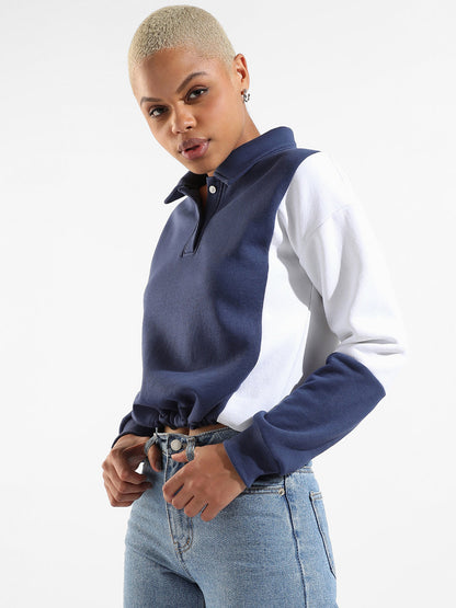 Cotton Indigo Blue Colour-Blocked Regular Fit Sweatshirt For Casual Wear