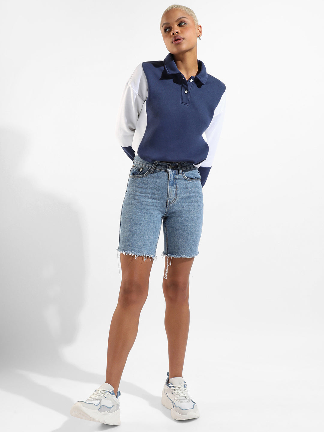 Cotton Indigo Blue Colour-Blocked Regular Fit Sweatshirt For Casual Wear