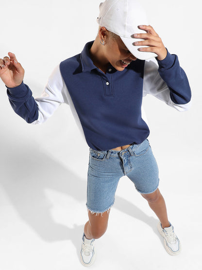 Cotton Indigo Blue Colour-Blocked Regular Fit Sweatshirt For Casual Wear