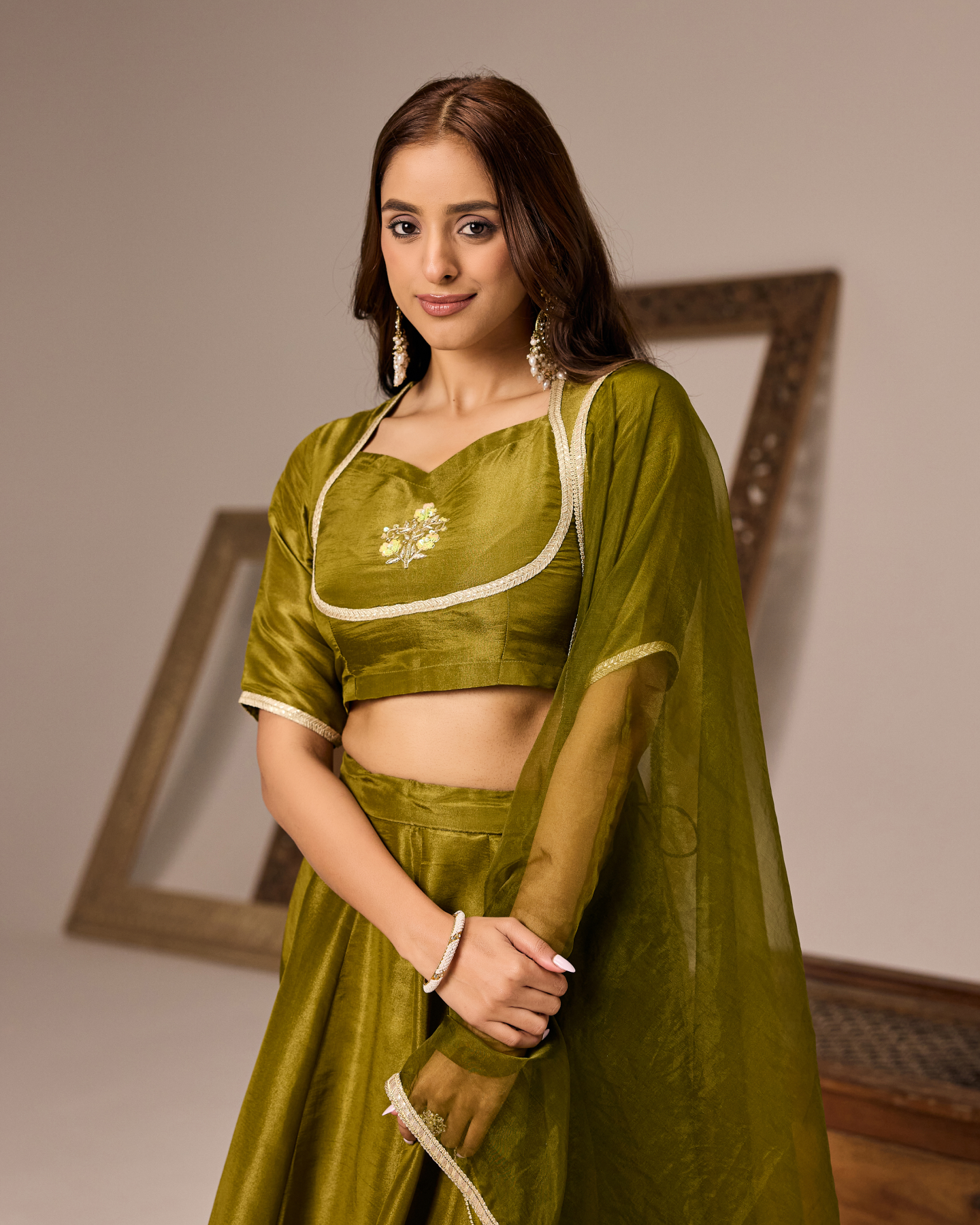 Olive Green Tissue Lehenga