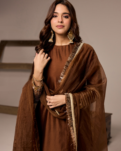 BROWN CHANDERI ANARKALI SUIT