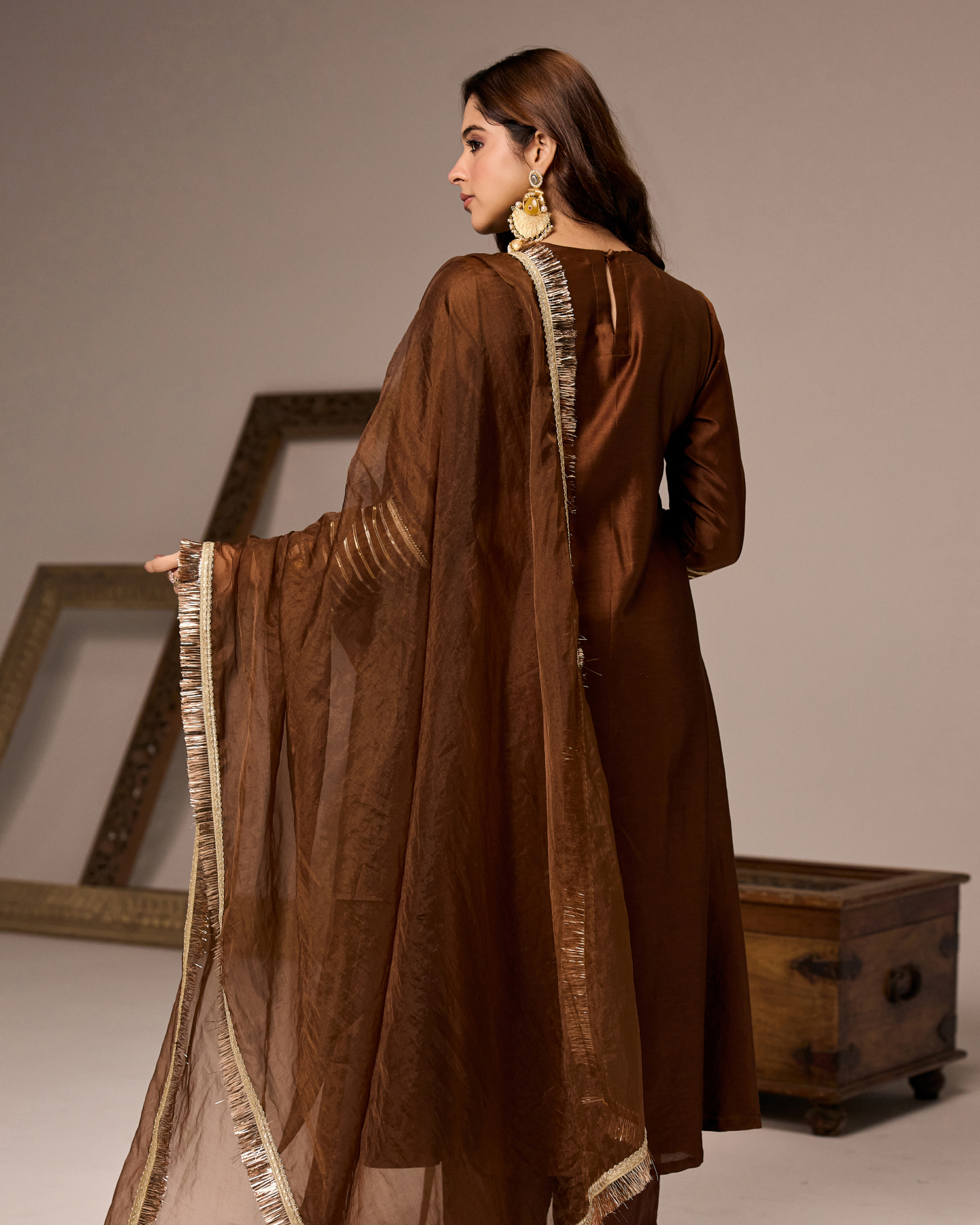 BROWN CHANDERI ANARKALI SUIT
